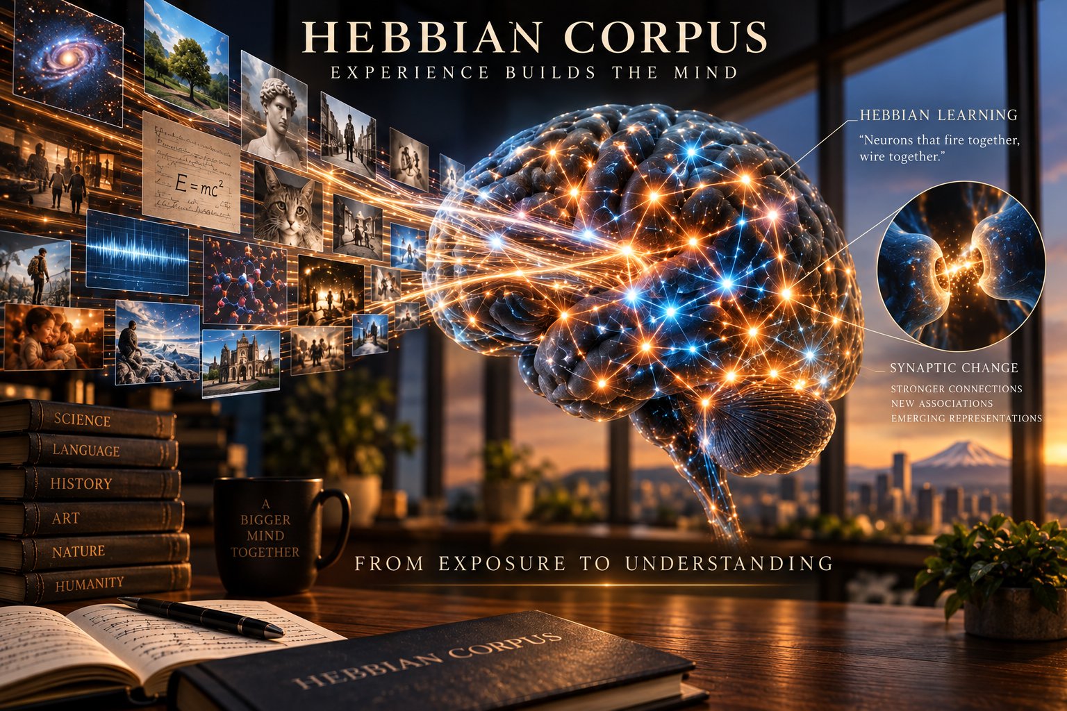 A luminous brain in a study at golden hour, receiving a stream of photographs, equations and documents; a snow-capped mountain through the window.